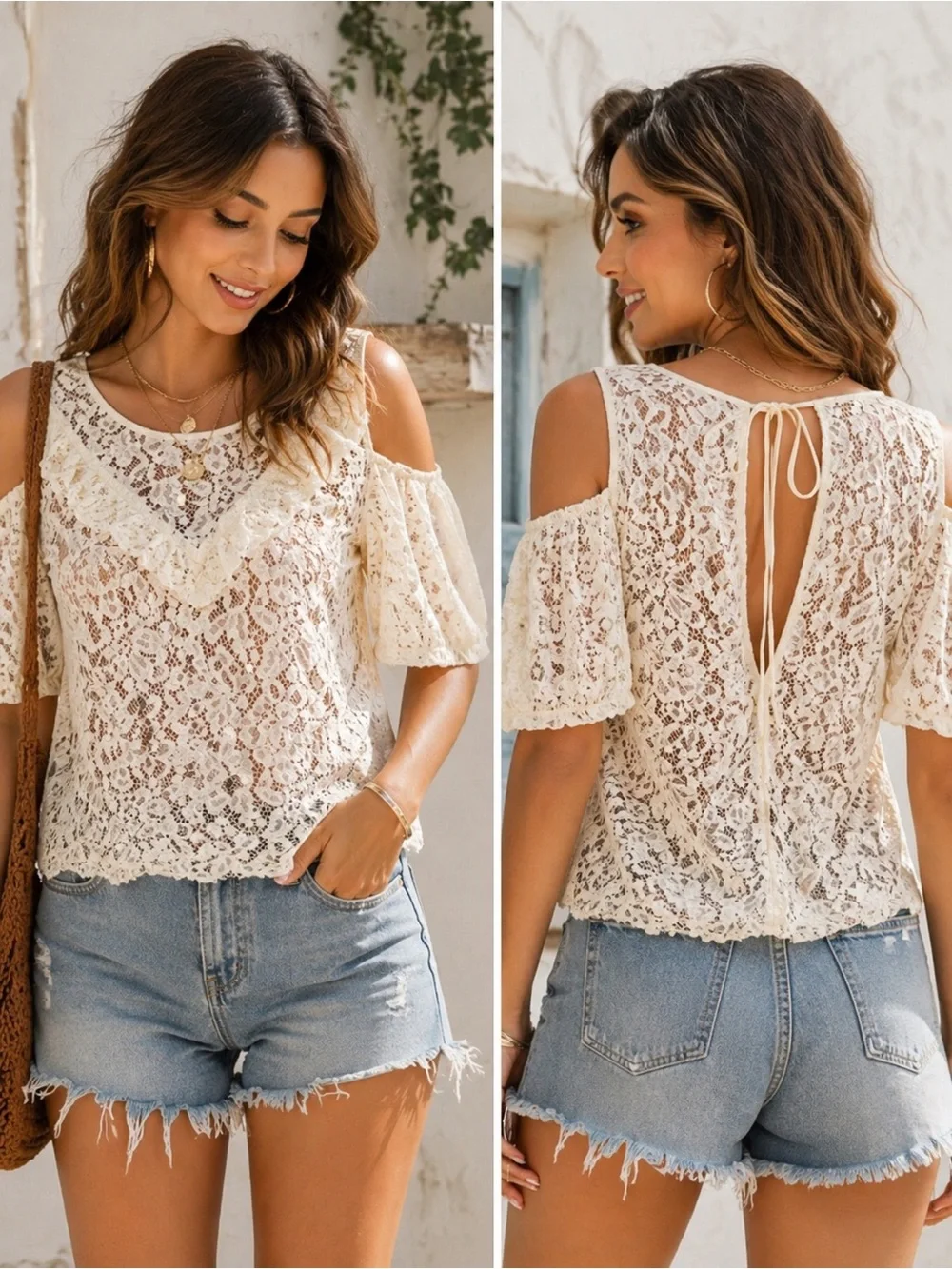 Zara Lace Cold Shoulder Top Ivory Boho Sheer Crochet Blouse Size M